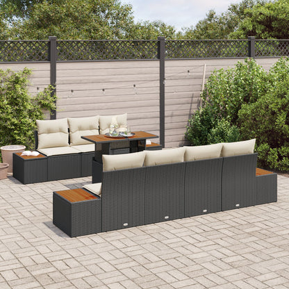 8 Delige Tuin Eetset Met Kussens Zwart Poly Rattan Acacia