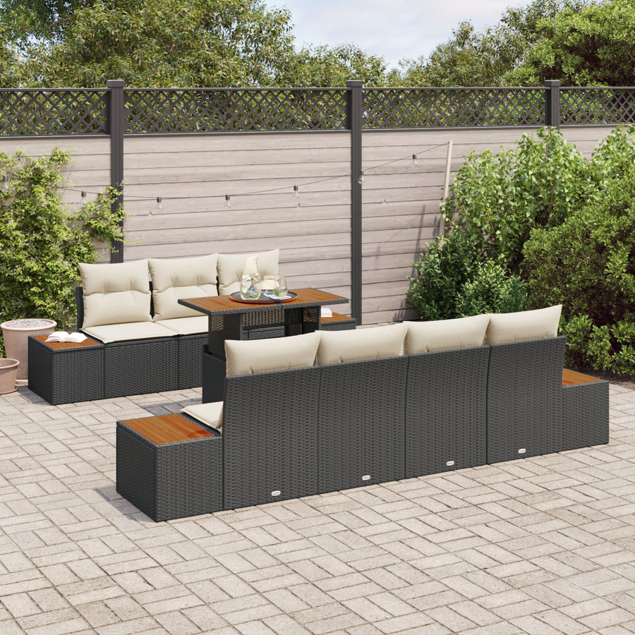 8 Delige Tuin Eetset Met Kussens Zwart Poly Rattan Acacia