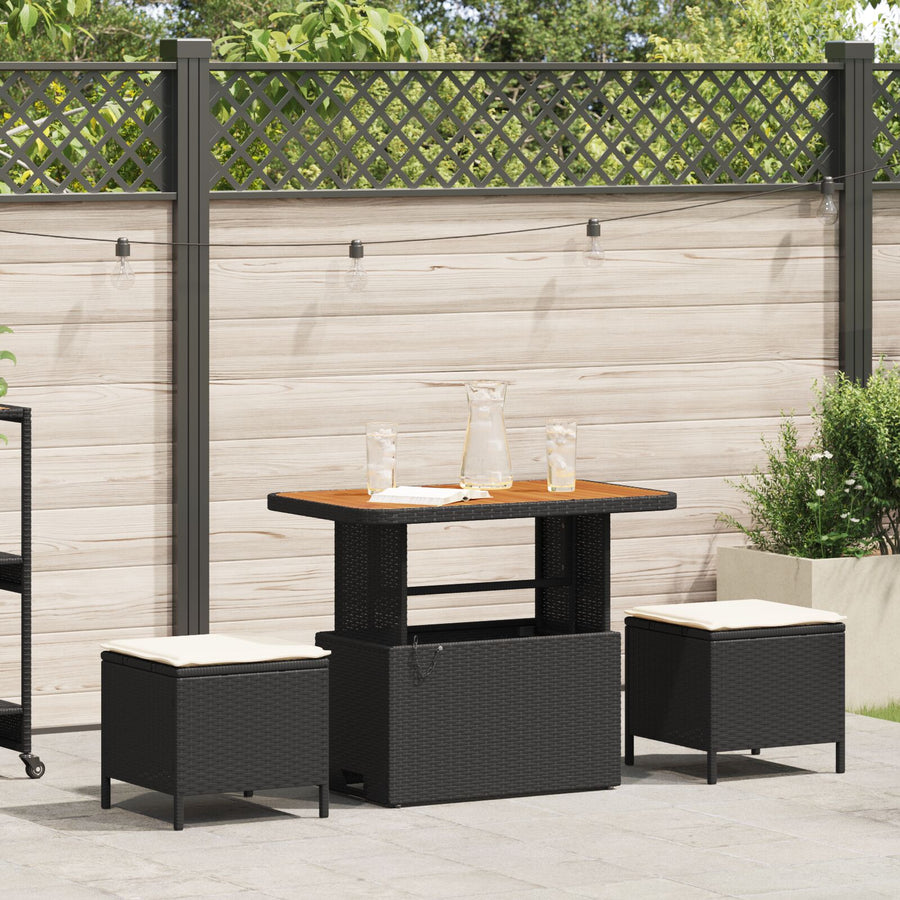 3-Delige Tuin Eetset Met Kussens Poly Rattan Acacia 90 cm Zwart en Crème 2 krukken