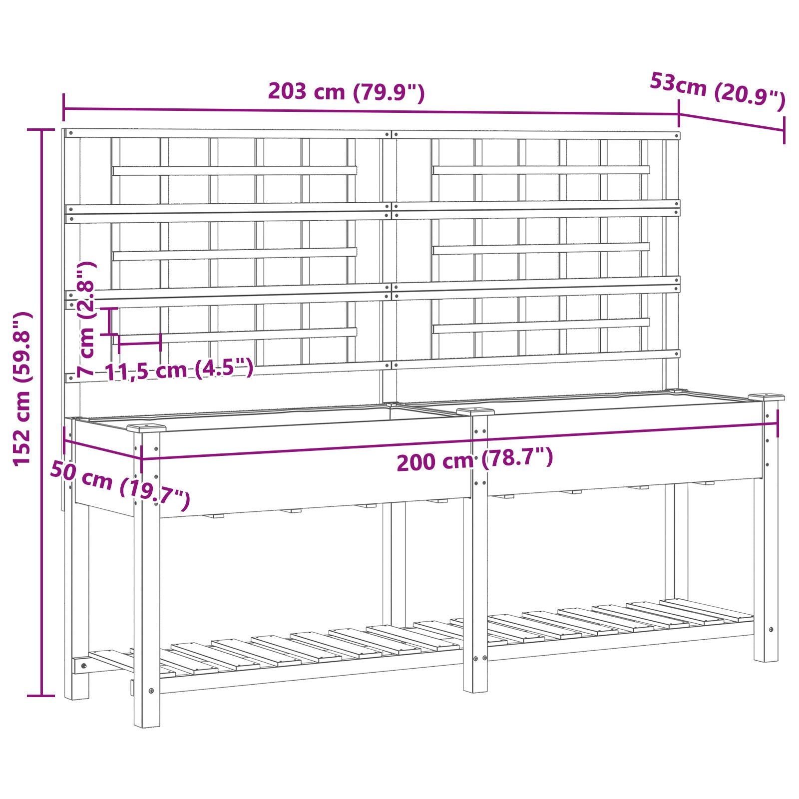 Tuinplantbak Met Trellis & Plank 203X53X152 Cm Massief Vurenhout 203.5 x 54 x 152.5 cm