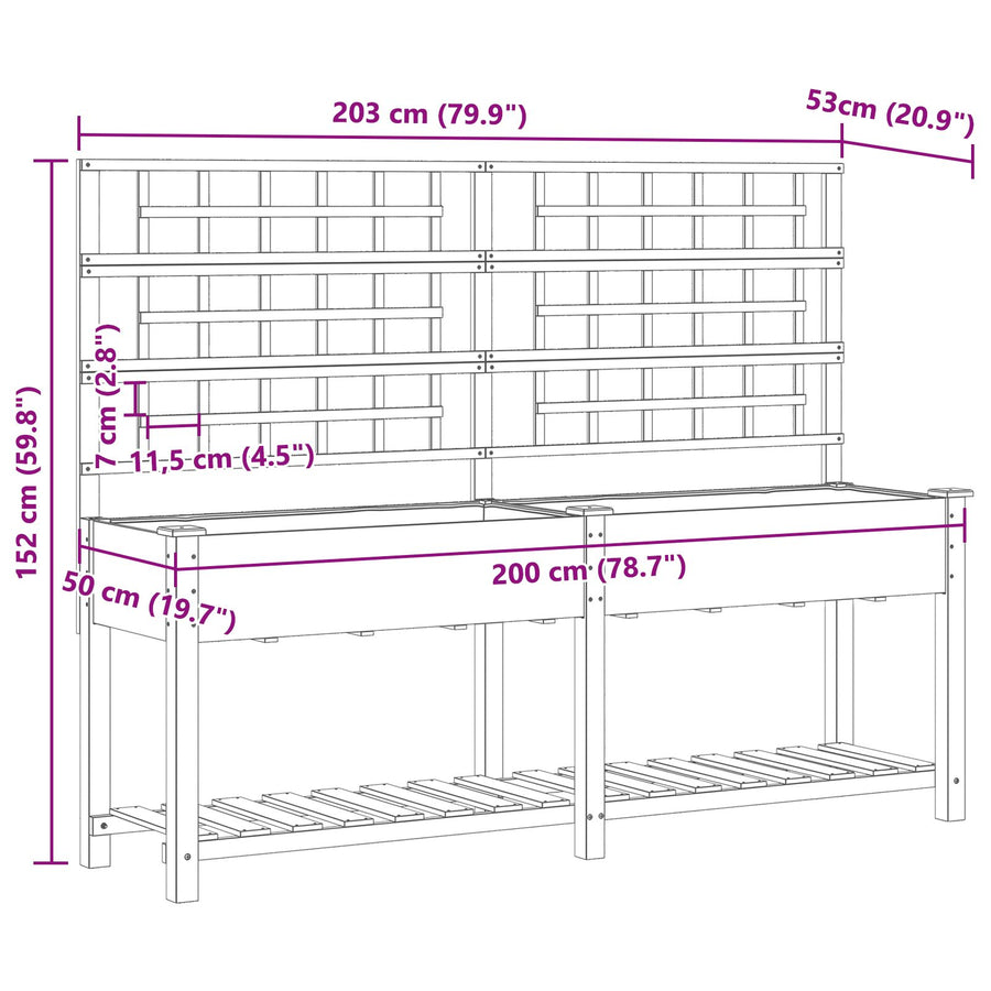 Tuinplantbak Met Trellis & Plank 203X53X152 Cm Massief Vurenhout 203.5 x 54 x 152.5 cm