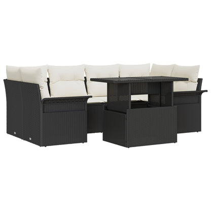 7-Delige Tuin Sofa Set Met Kussens Zwart Poly Rattan