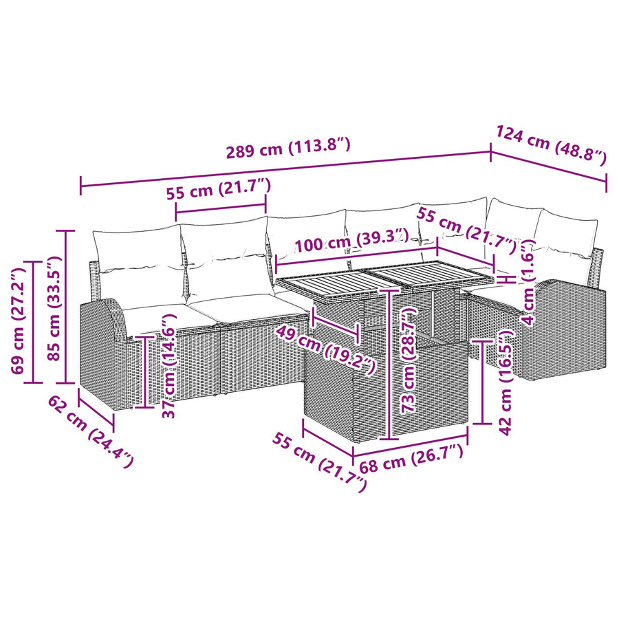 7-Delige Tuin Eettafel Set Met Kussens Zwart Poly Rattan Acacia