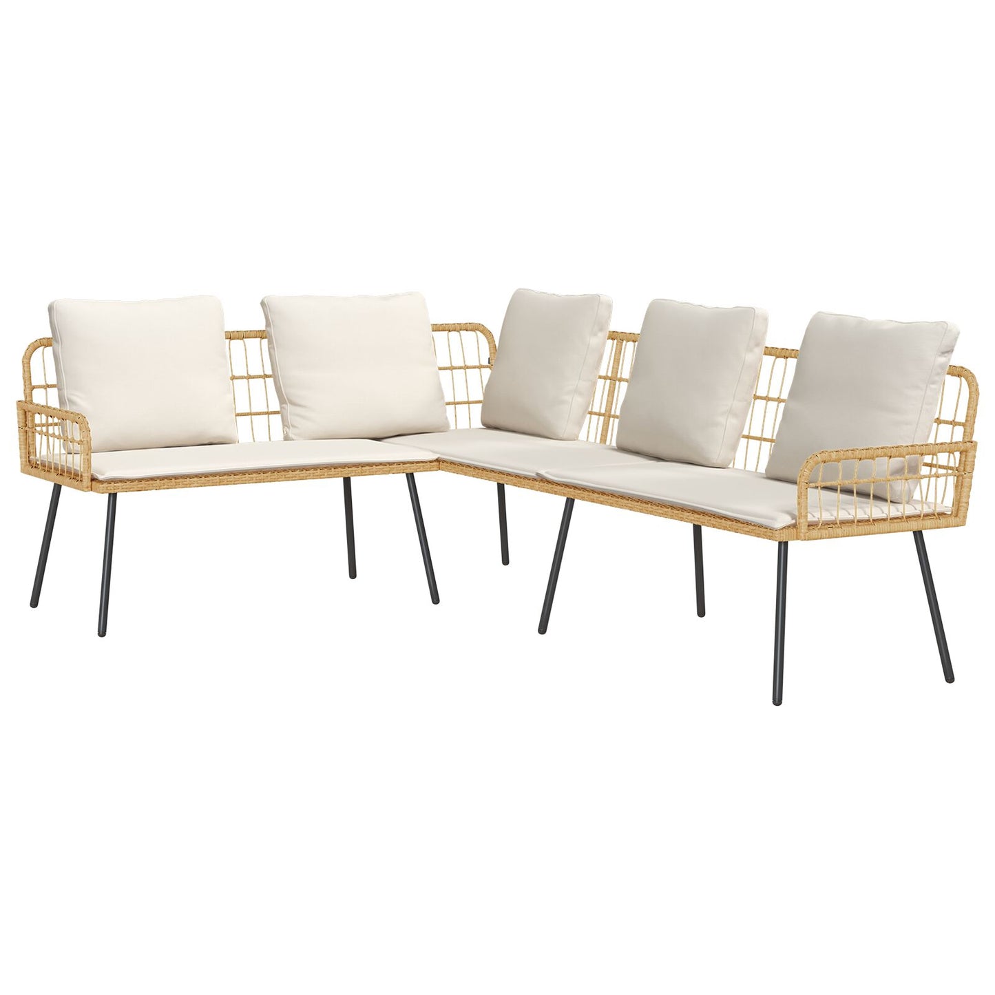 4-Delig Tuinbankstel Met Kussens Poly Rattan Natuurlijk Sofa + tafel + voetenbank