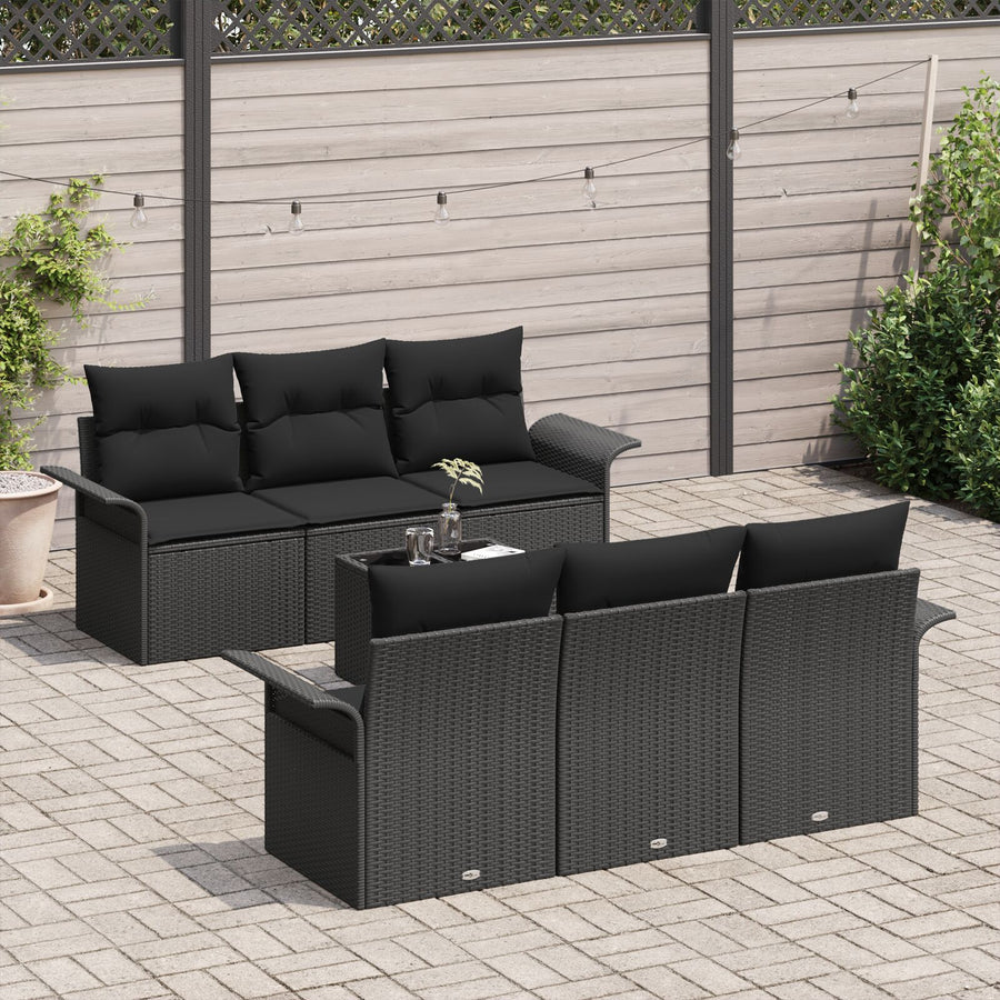 7-Delige Tuin Sofa Set Met Kussens Zwart Poly Rattan