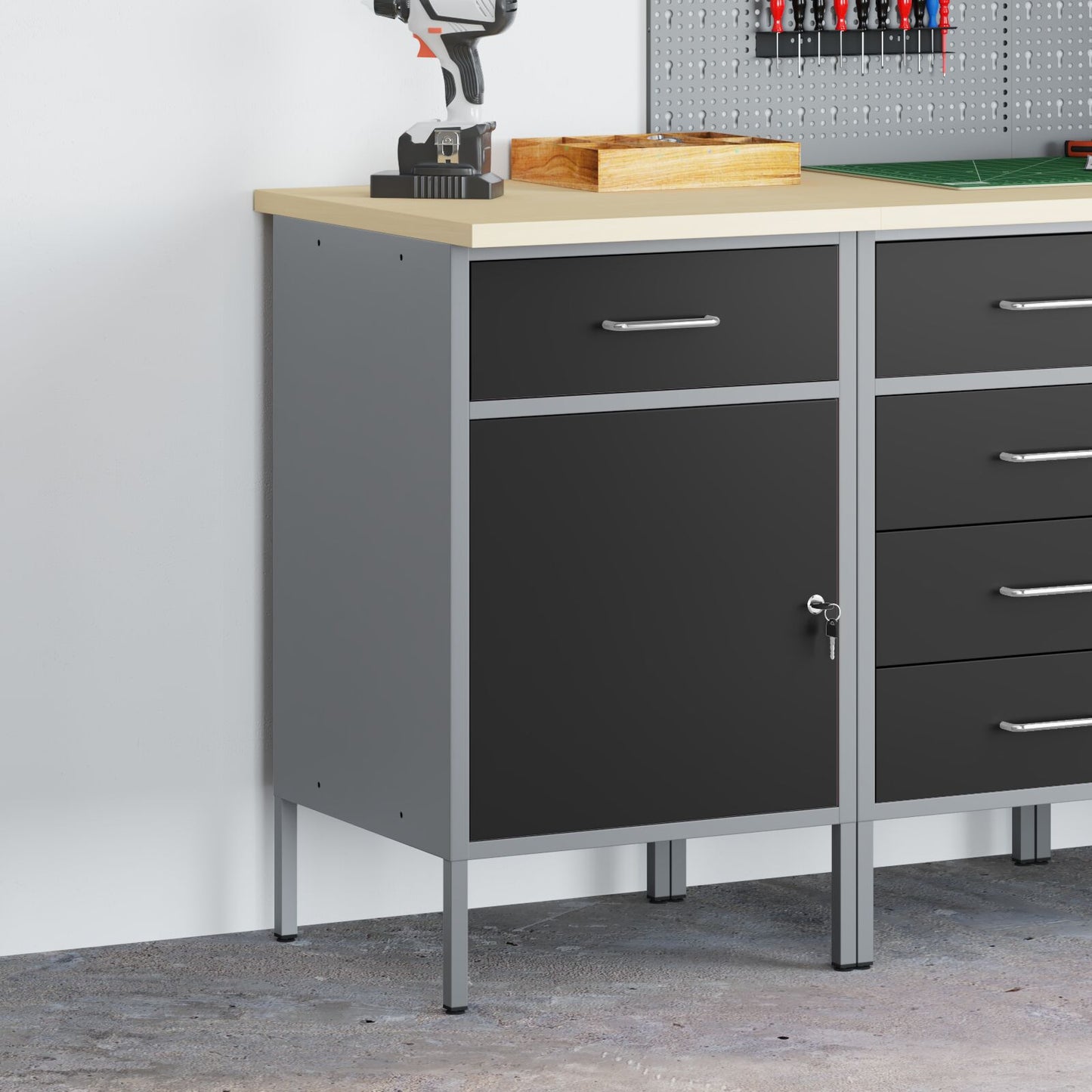 Werkplaatskast 50X55X84 Cm Staal Zwart en grijs Werkplaatskast met 1 lade en 1 deur
