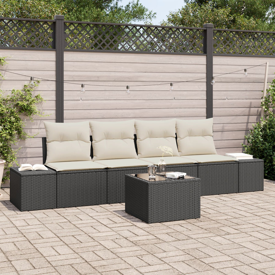 5-Delige Tuin Sofa Set Met Kussens Zwart Poly Rattan