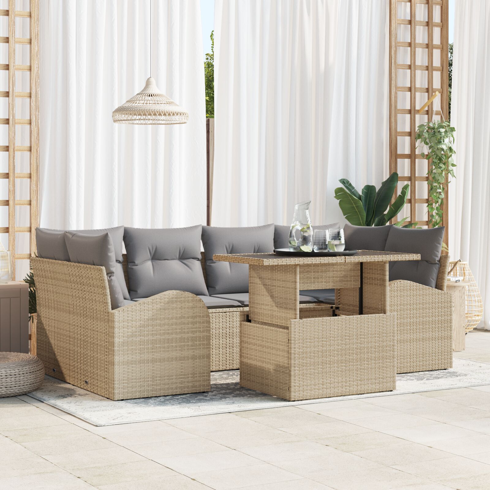 7-Delige Tuinbankset Met Kussens Beige Poly Riet
