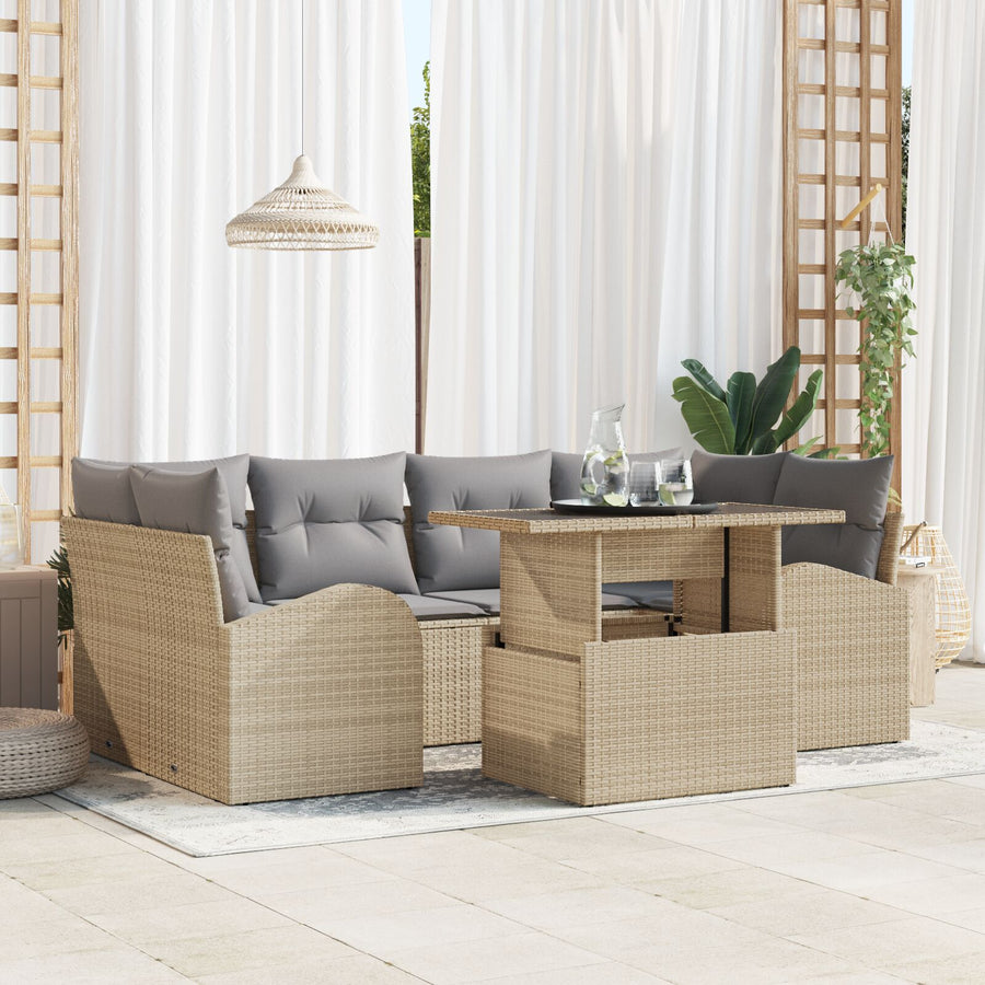 7-Delige Tuinbankset Met Kussens Beige Poly Riet