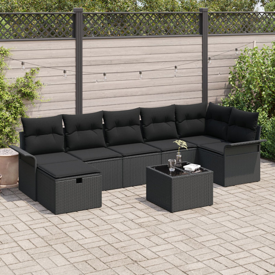 8-Delige Tuinbankset Met Kussens Zwart Poly Rattan