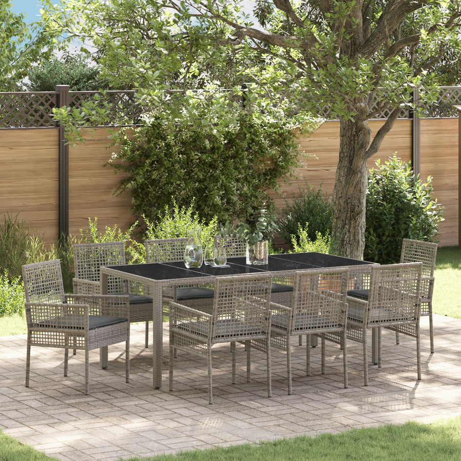 9-Delige Tuintafelset Met Kussens Grijs Poly Rattan