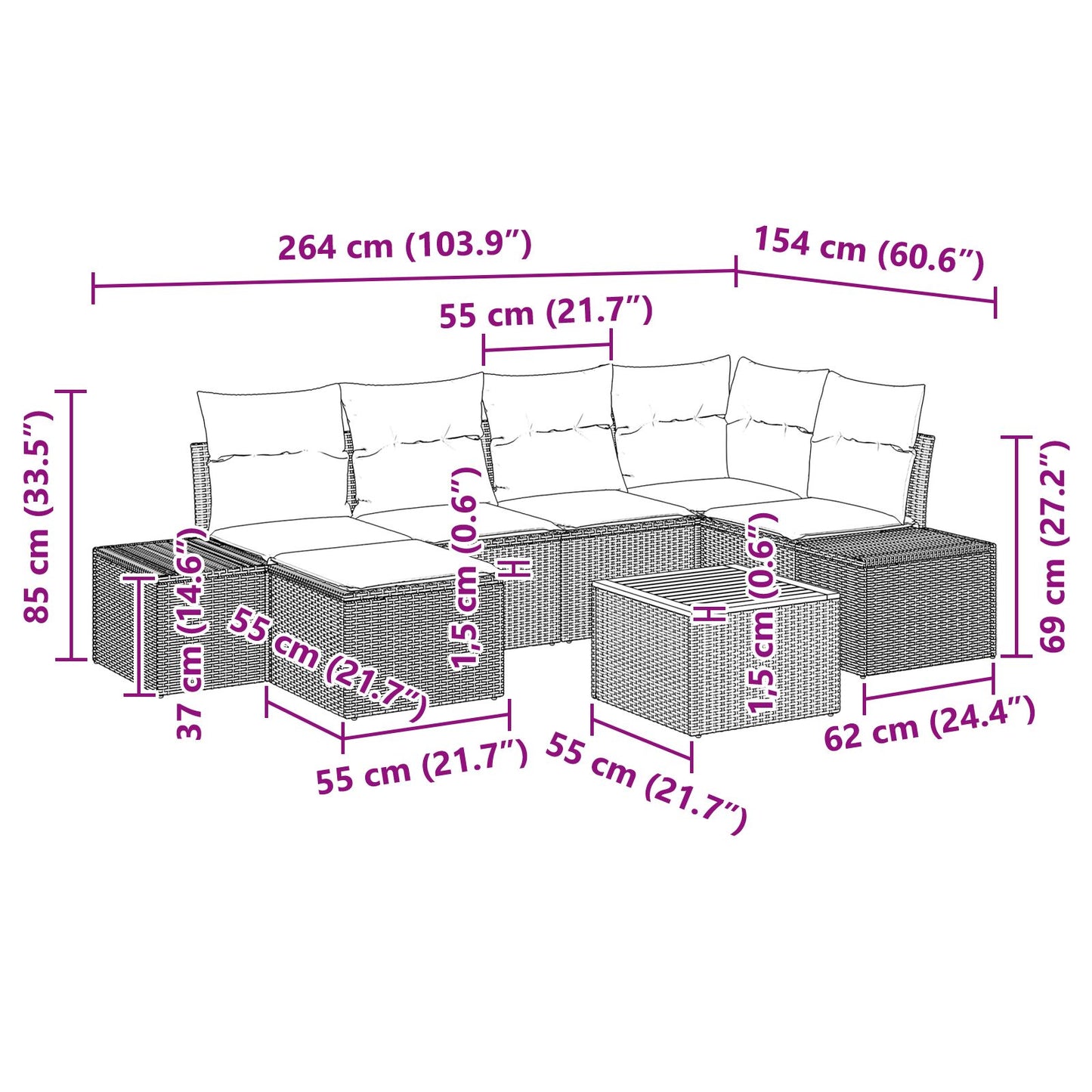 7-Delige Tuin Sofa Set Met Kussens Zwart Poly Rattan Acacia
