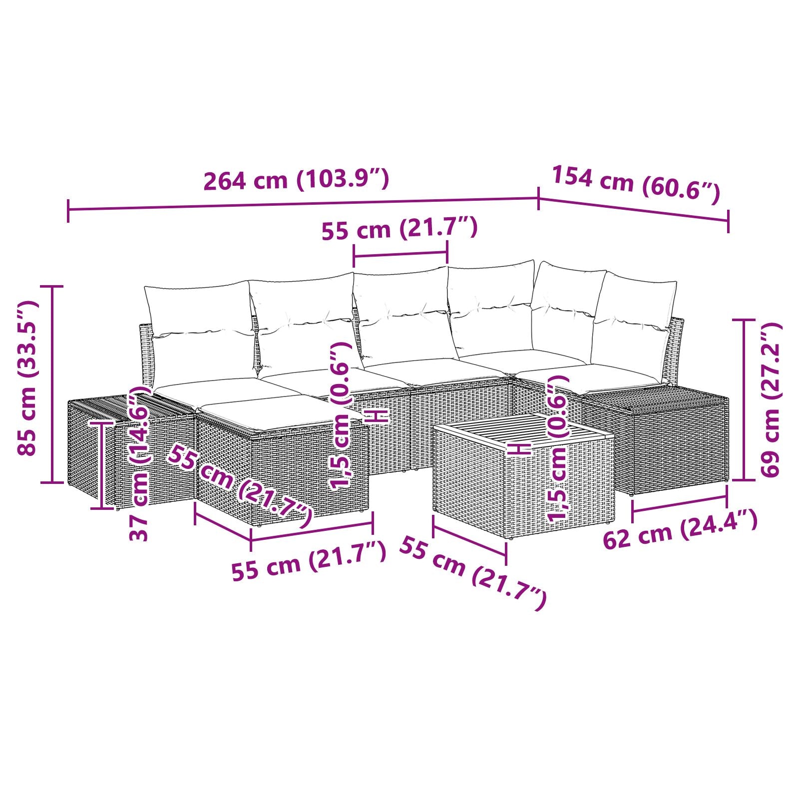 7-Delige Tuin Sofa Set Met Kussens Zwart Poly Rattan Acacia