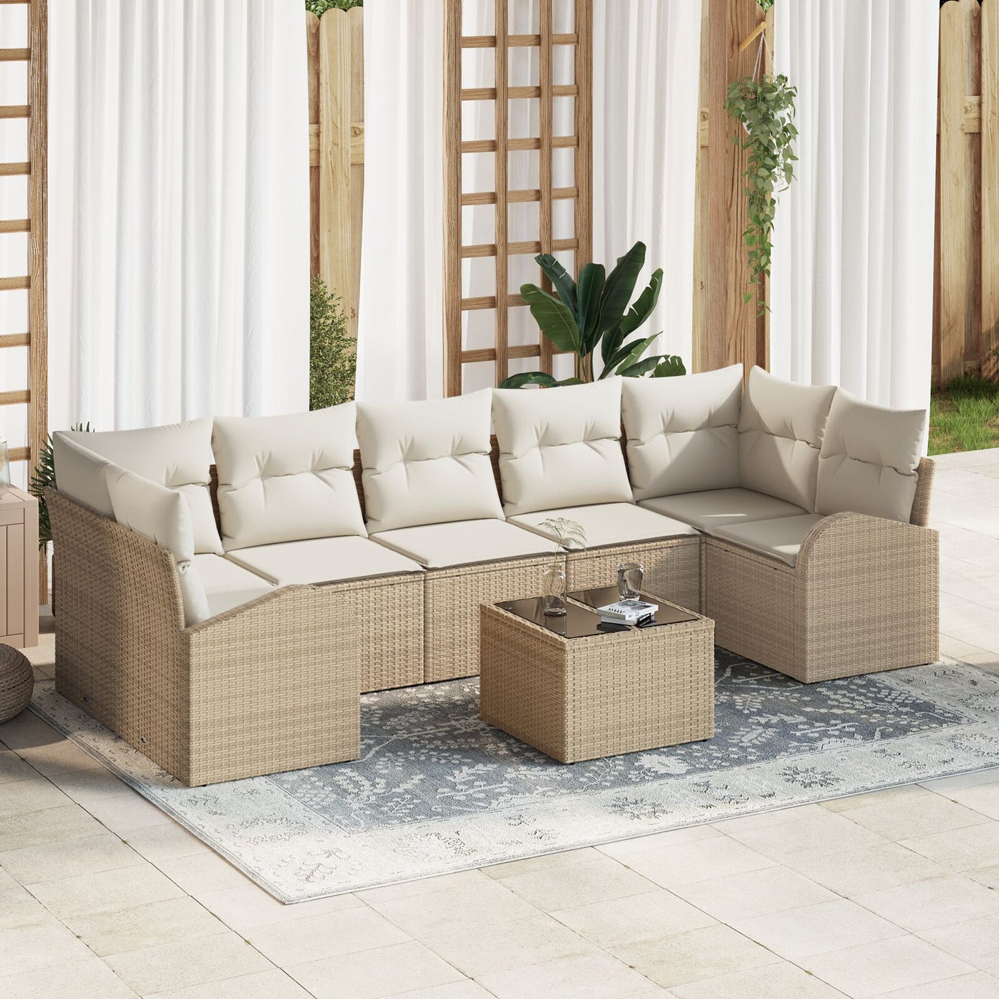 8 Stuk Tuin Sofa Set Met Kussens Beige Poly Rattan