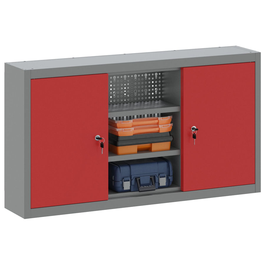 Gereedschapskast Wandbevestiging Met Pegboard 100X20X55 Cm Staal 100 cm Rood en Grijs Wandkast met pegboard