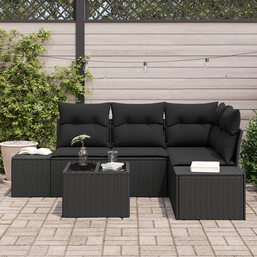 5-Delige Tuin Sofa Set Met Kussens Beige Poly Rattan Zwart met tafel