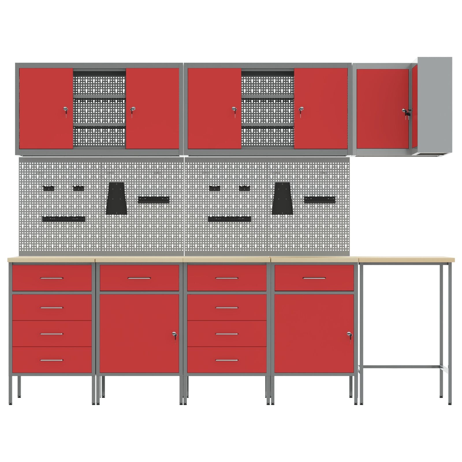 12-Delige Werkcabinet En Pegboard Set In Het Van Mdf En Metaal 4x (2x84/2x85 cm) Rood Tafel + 7x kast + 6x pegboard