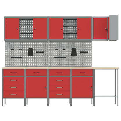 12-Delige Werkcabinet En Pegboard Set In Het Van Mdf En Metaal 4x (2x84/2x85 cm) Rood Tafel + 7x kast + 6x pegboard