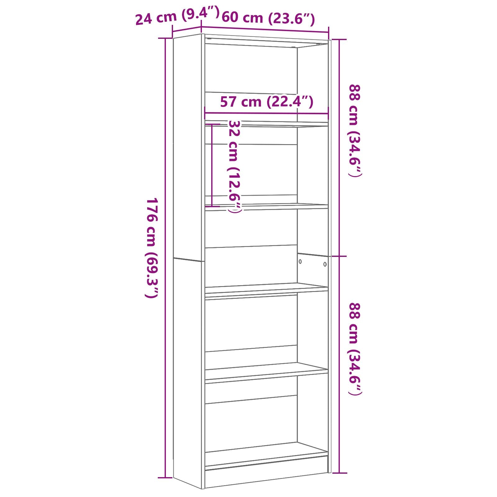 Zwarte Eiken Boekenkast - 60X24X176 Cm