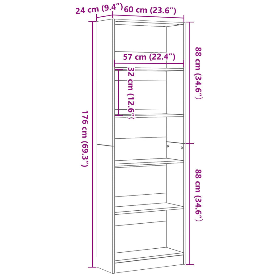 Zwarte Eiken Boekenkast - 60X24X176 Cm