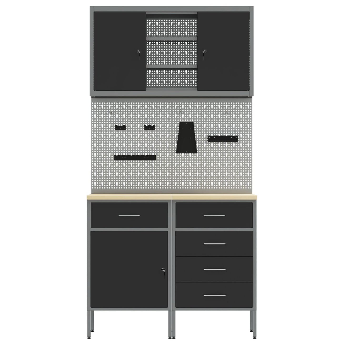 5-Delige Werkbank Set Staal 2x (84/85 cm) Zwart 2x kast + 2x pegboard + kast met deur