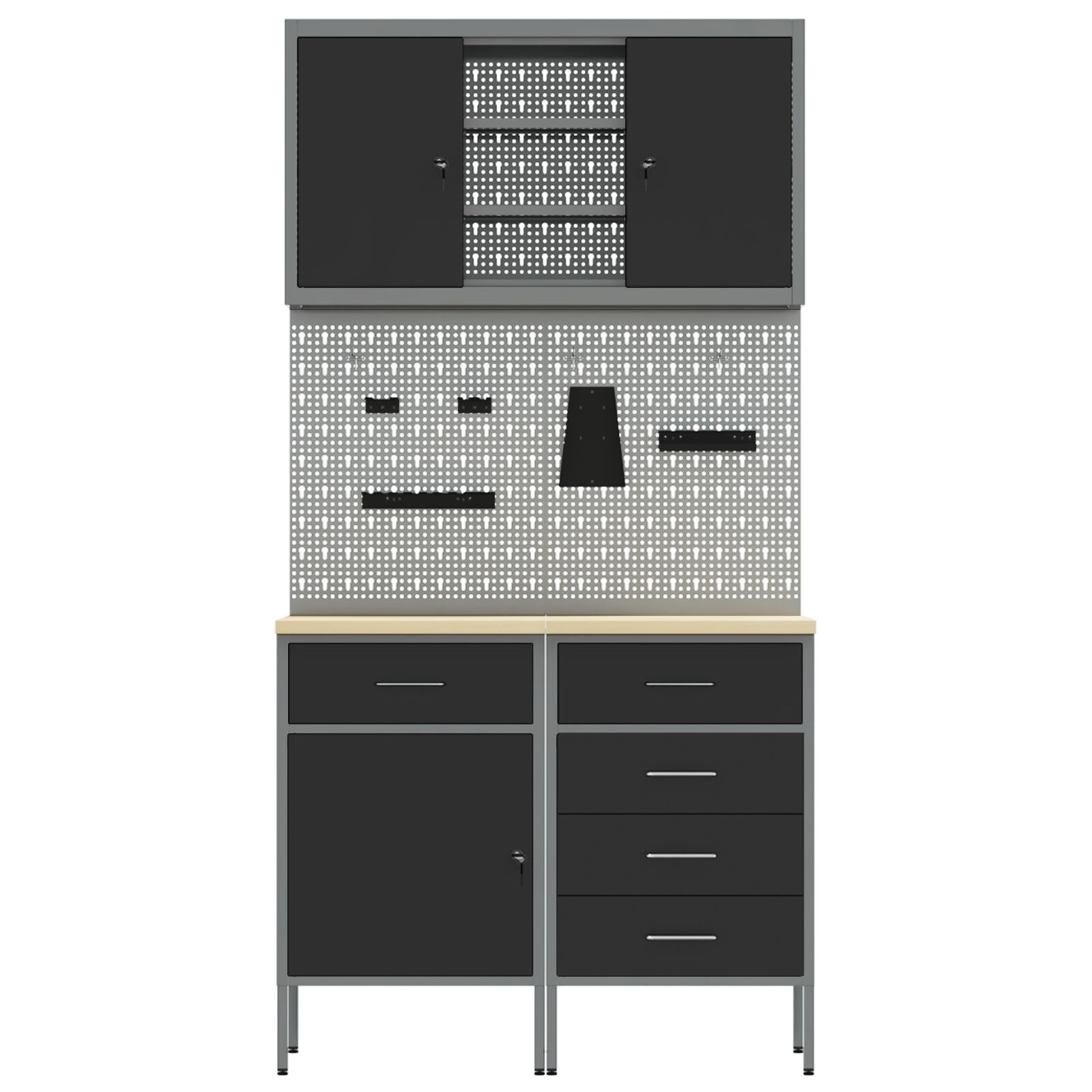5-Delige Werkbank Set Staal 2x (84/85 cm) Zwart 2x kast + 2x pegboard + kast met deur