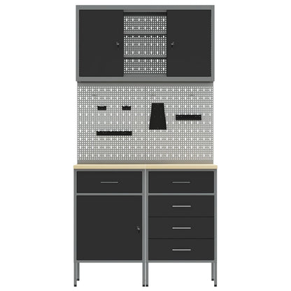 5-Delige Werkbank Set Staal 2x (84/85 cm) Zwart 2x kast + 2x pegboard + kast met deur