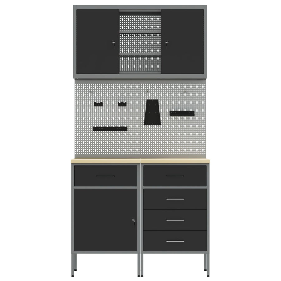 5-Delige Werkbank Set Staal 2x (84/85 cm) Zwart 2x kast + 2x pegboard + kast met deur
