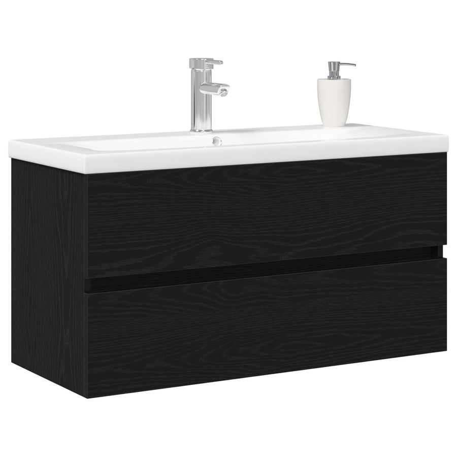 Spoelcabinet Met Ingebouwd Basin Zwart Eiken Bewerkt Hout,  Spoelcabinet Zwart Eiken 90X38,5X45 Cm Bewerkt Hout