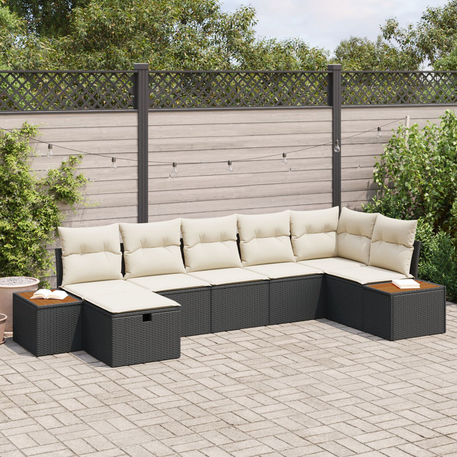 7-Delige Tuin Sofa Set Met Kussens Zwart Poly Rattan