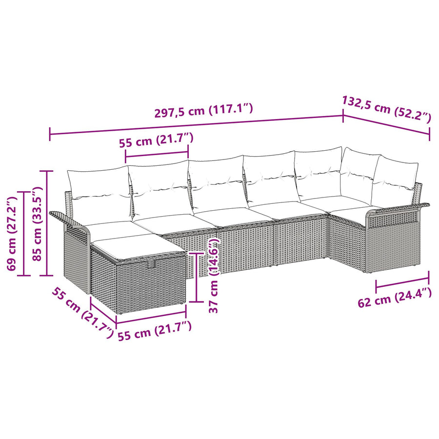7-Delige Tuinset Met Kussens Grijs Poly Rattan