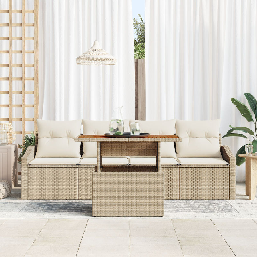 5-Delige Tuin Eetset Met Kussens Beige Poly Riet Acacia