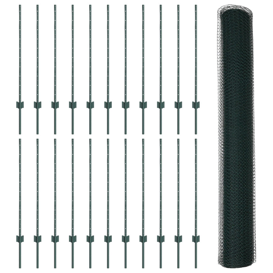 Hekpalen 11 Stuks U-Kanaal Groen 100 Cm Staal,  Zeshoekig Hek Groen 1X50 M Staal