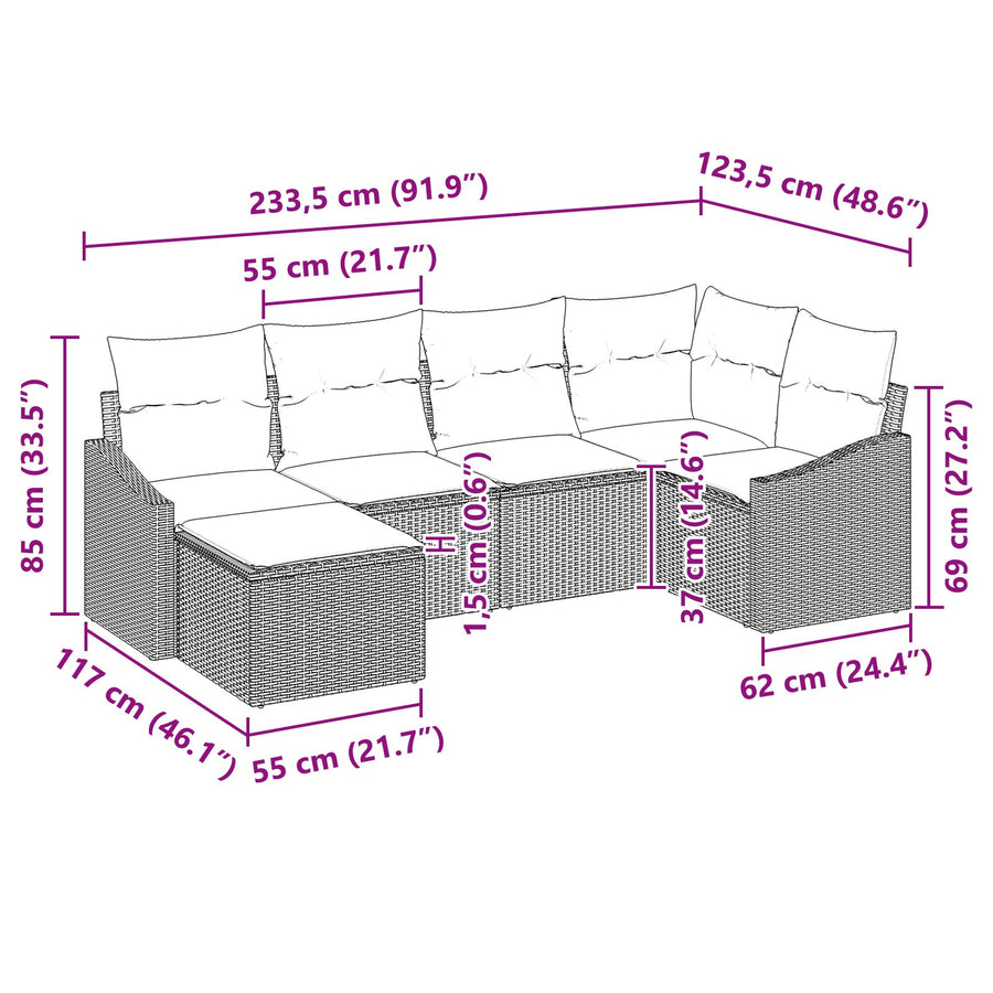 6-Delige Tuinstoelen Set Met Kussens Beige Poly Rattan