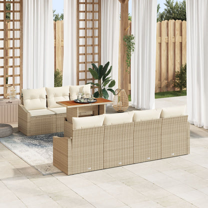 8-Delige Tuin Eetset Met Kussens Beige Poly Rattan Acacia