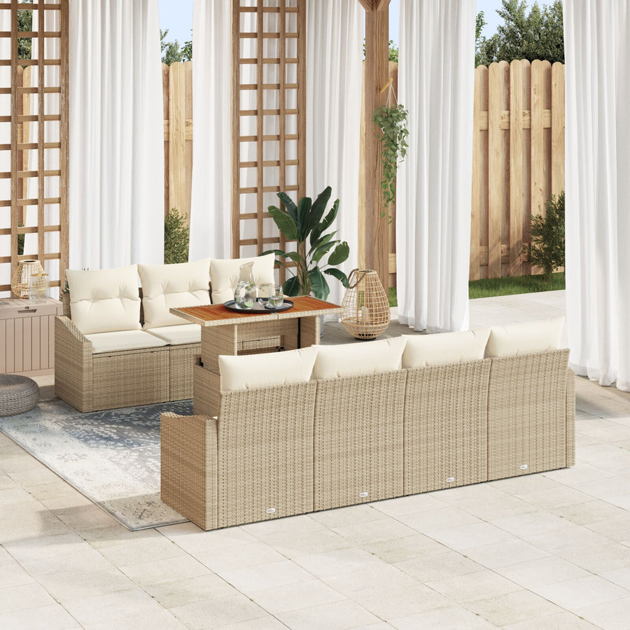 8-Delige Tuin Eetset Met Kussens Beige Poly Rattan Acacia