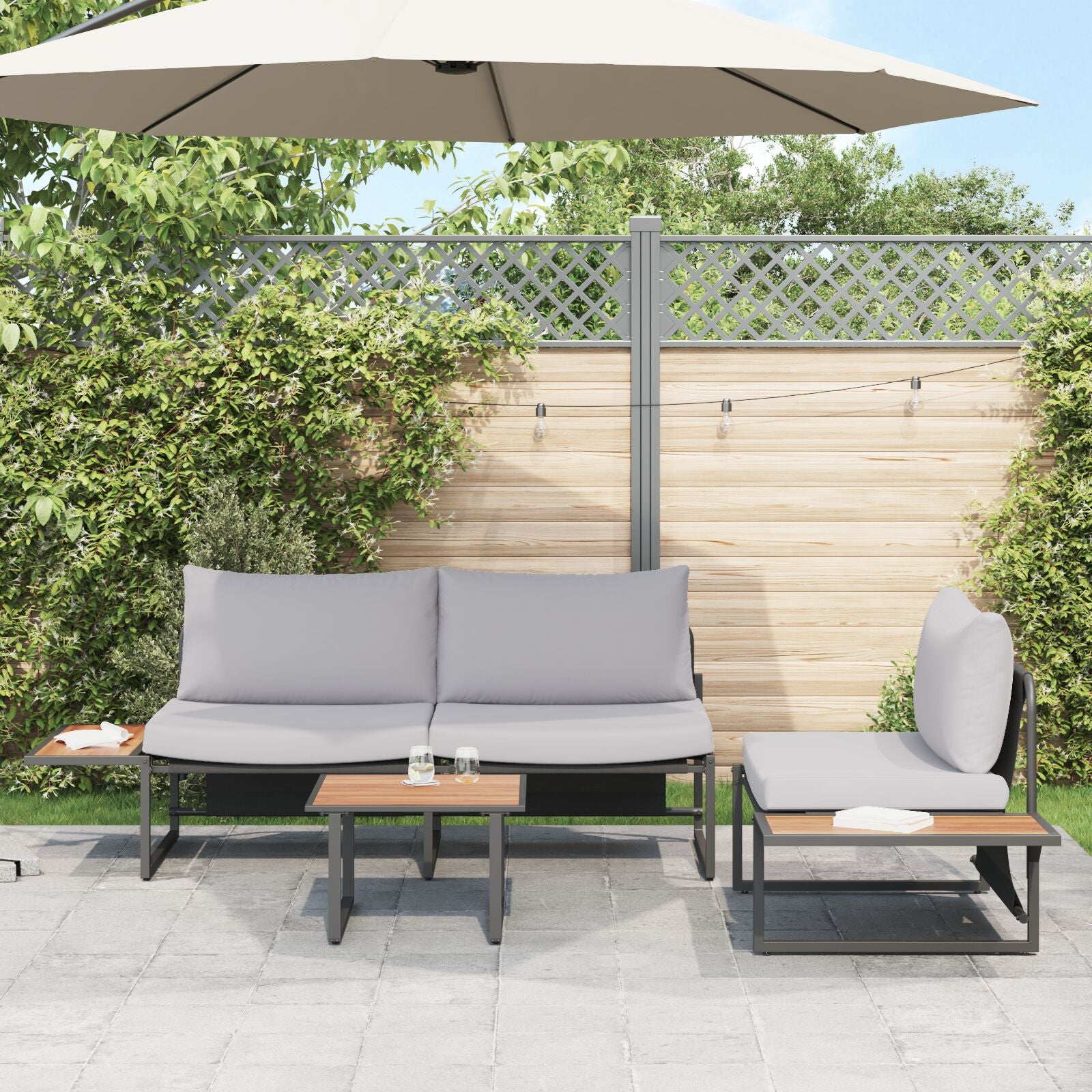 3-Delig Tuinsofa Set Met Lichtgrijze Kussens