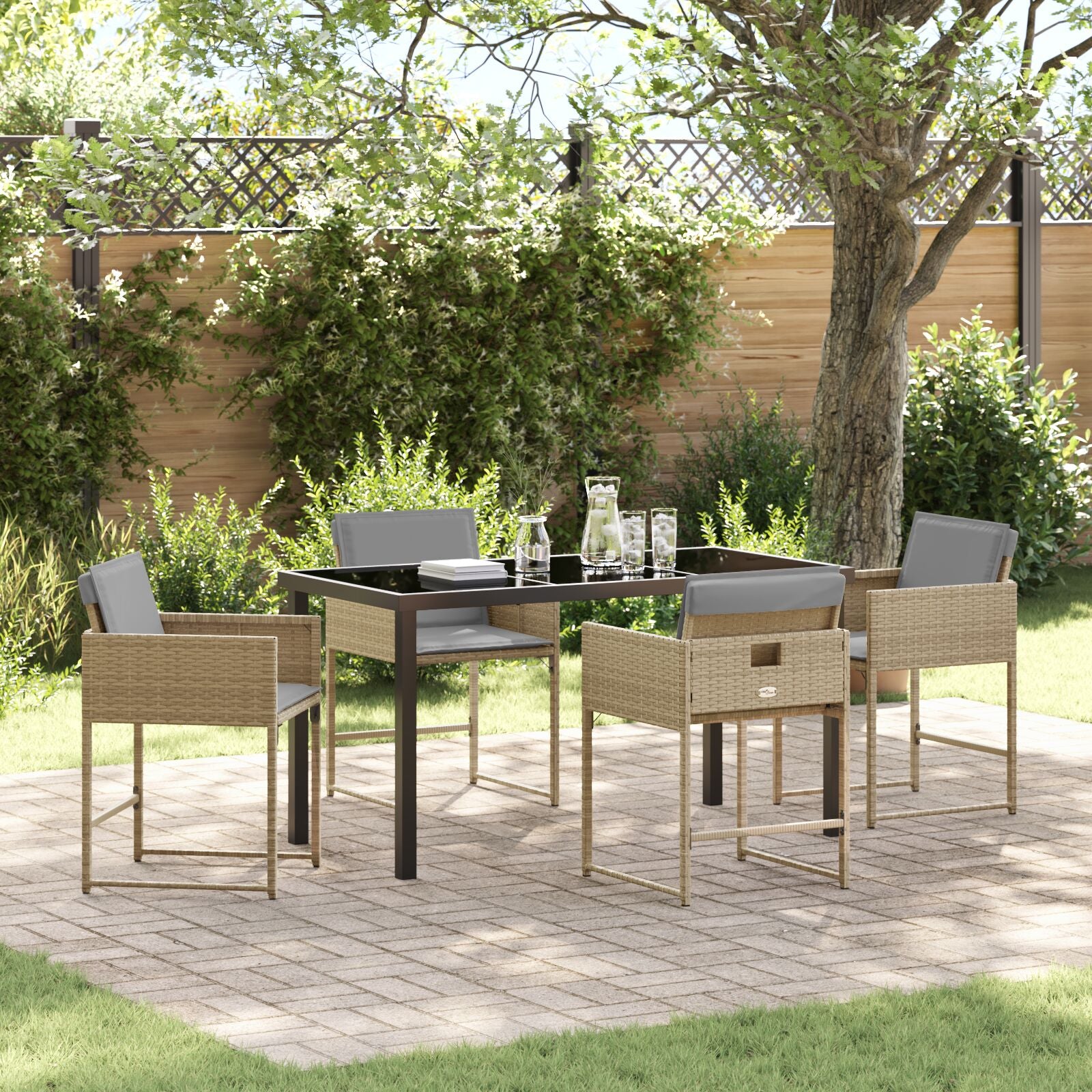 5-Delige Tuin Eettafelset Met Kussens Beige Poly Riet