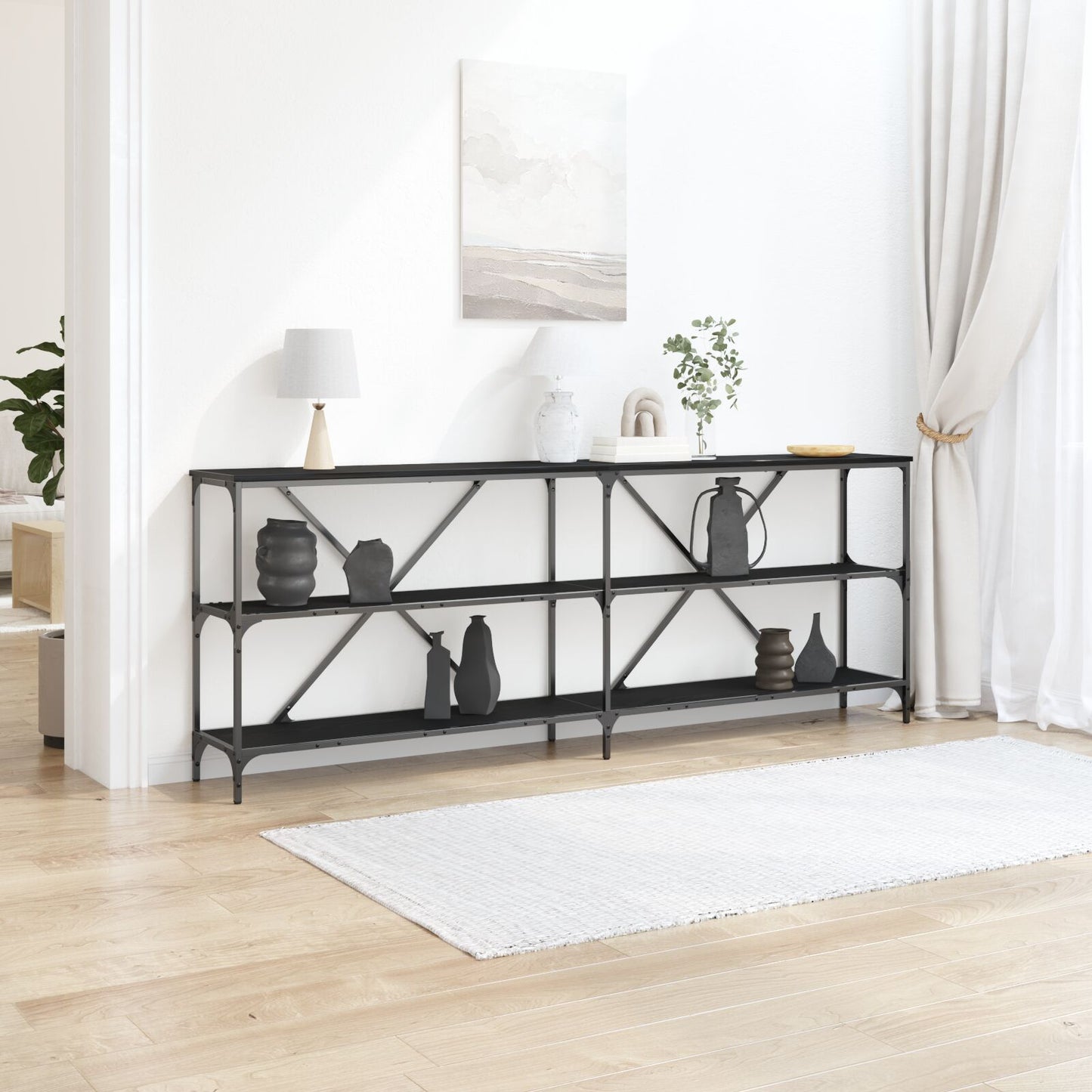 Console Tafel Zwart Eiken 200X30X75 Cm Engineered Hout En Staal