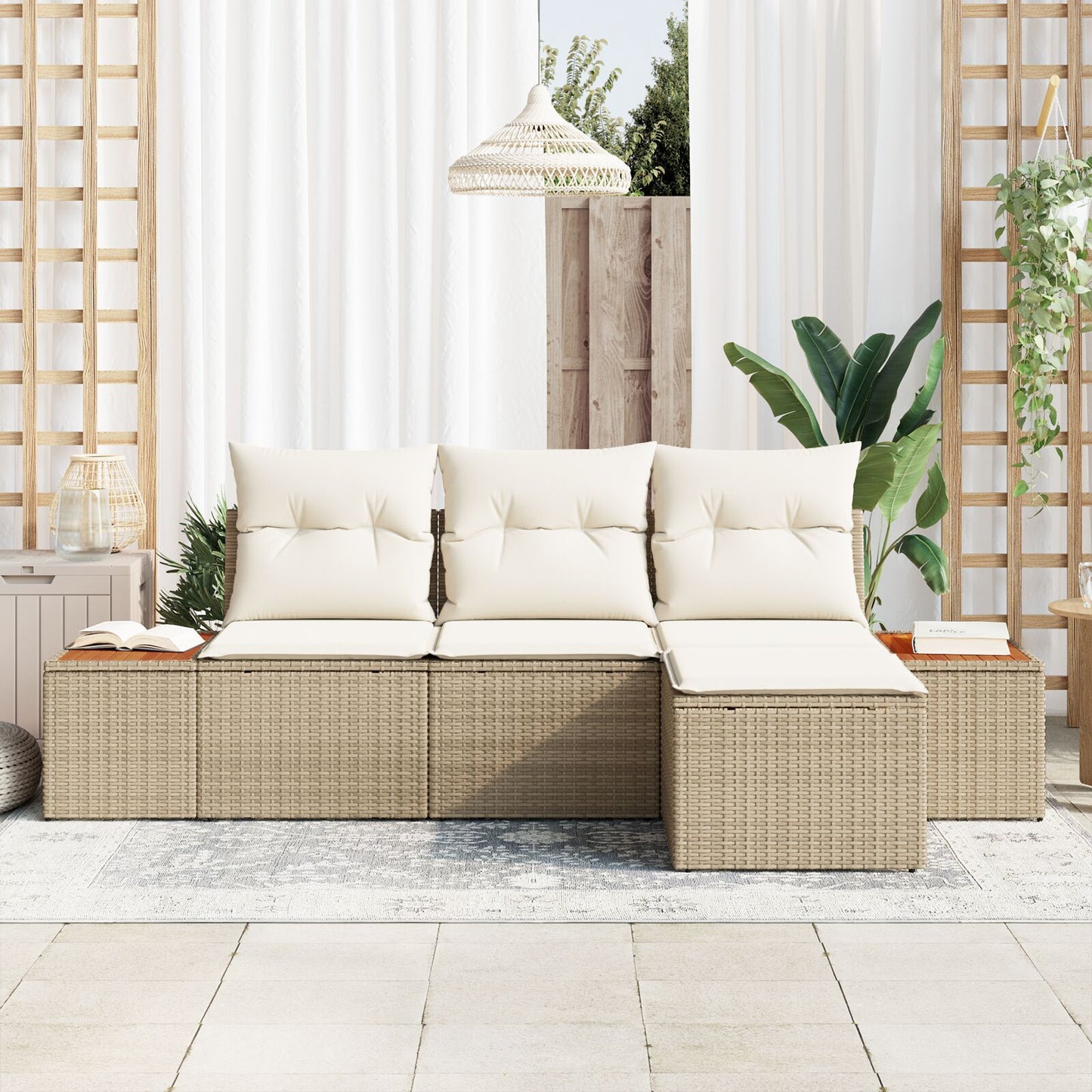 4-Delige Tuin Sofa Set Met Kussens Beige Poly Rattan Acacia