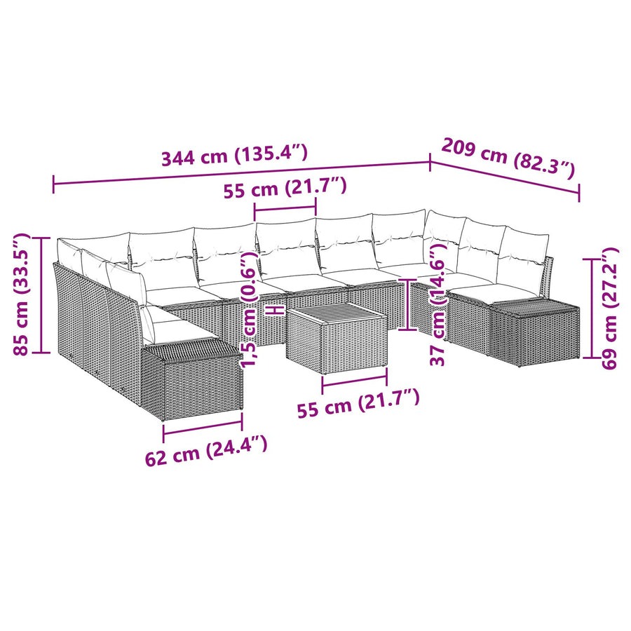 11-Delige Tuinbank Set Met Kussens Zwart Poly Rattan Acacia