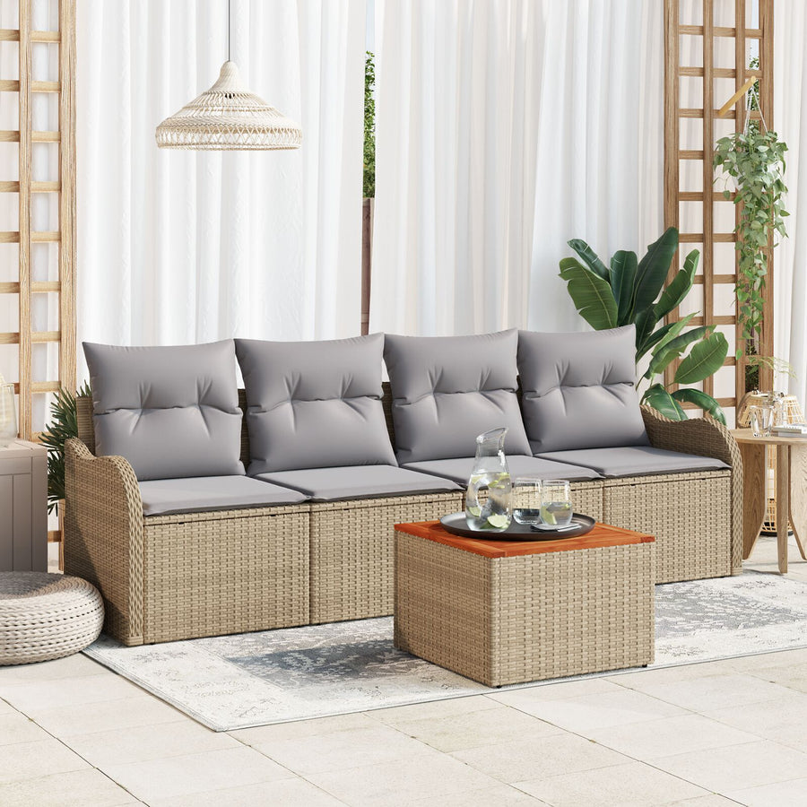 5-Delige Tuin Sofa Set Met Kussens Beige Poly Rattan Acacia