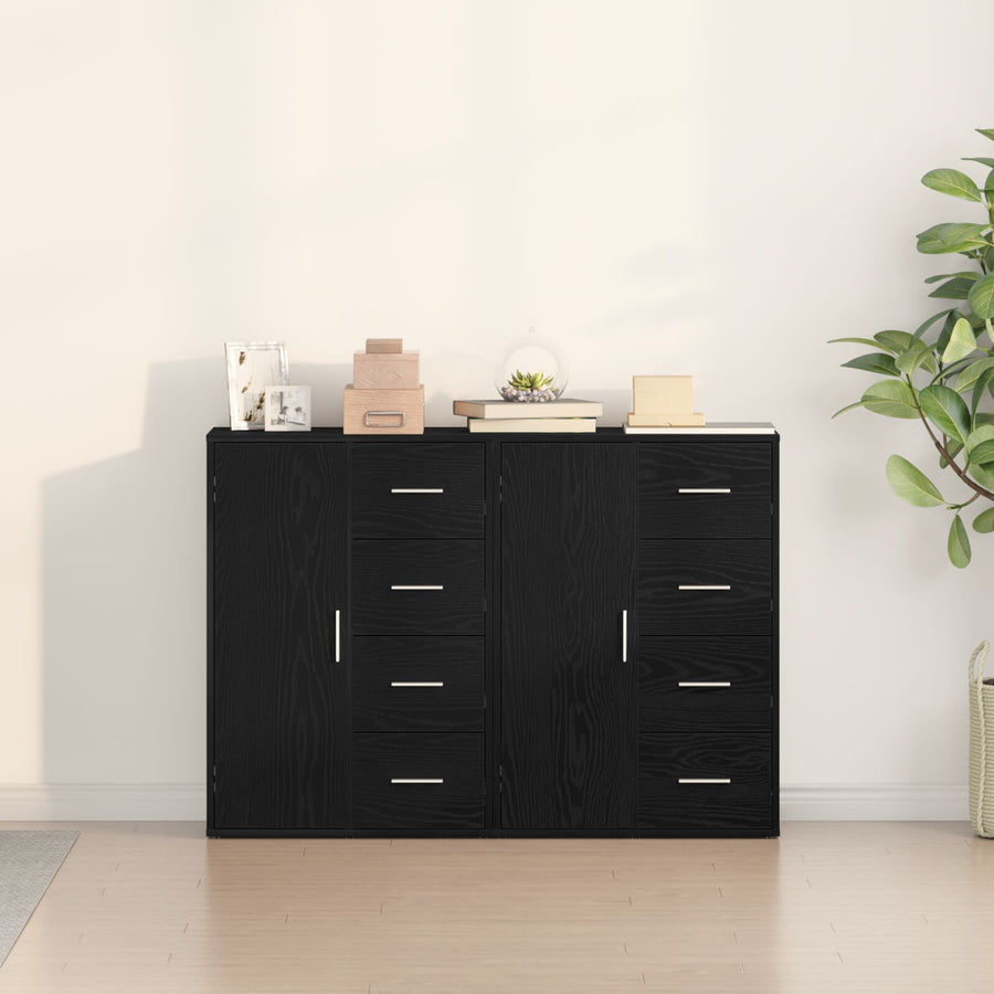 Sideboard Set Van 2 Zwart Eiken Hout, Metalen Handvatten