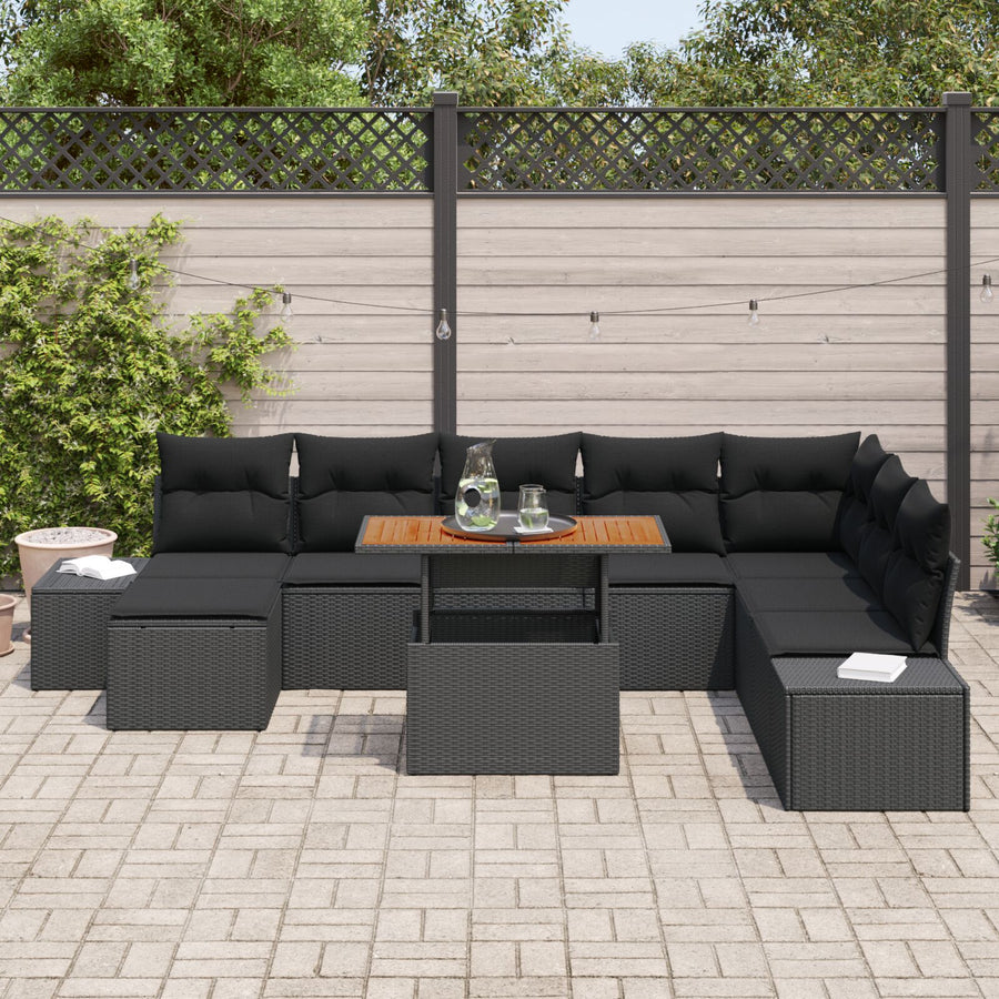 9-Delig Tuinbankstel Met Kussens Zwart Poly Rattan