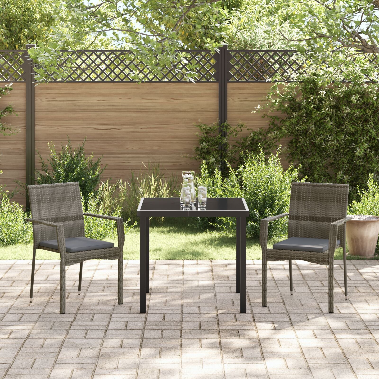 3-Delige Tuin Eetset Met Kussens Grijs Poly Rattan