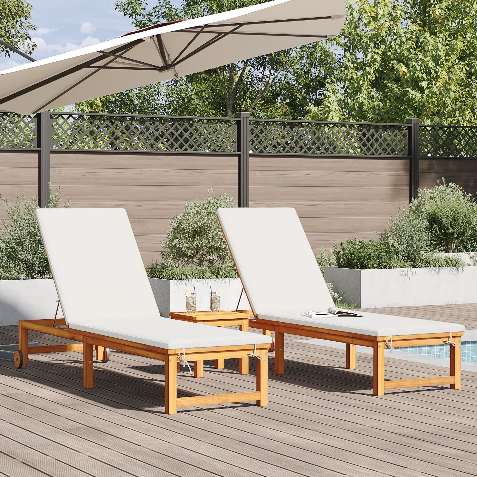 Zonne Ligstoelen 2 Stuks Met Kussens Massief Acacia Hout,  Zonne Ligstoel Met Crème Kussens Massief Acacia Hout