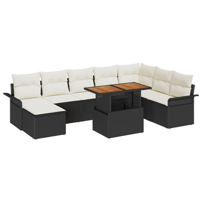 9-Delige Tuin Eetset Met Kussens Zwart Poly Rattan Acacia