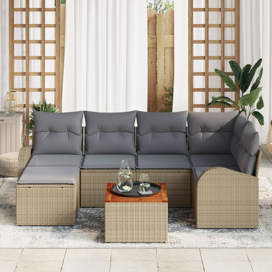 7-Delige Tuin Sofa Set Met Kussens Beige Poly Rieten Acacia