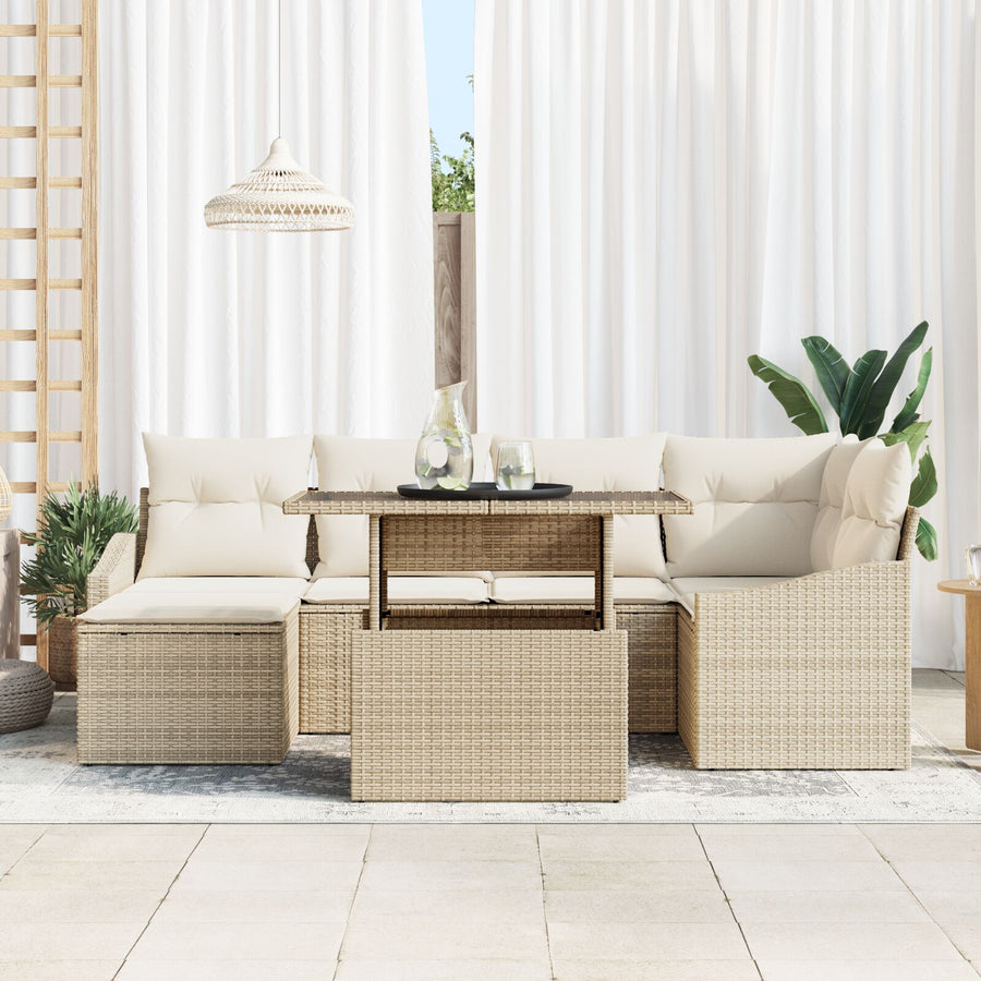 Tuin Sofa Set Set Van 7 Beige Riet, Polyester Tuin Sofa Set