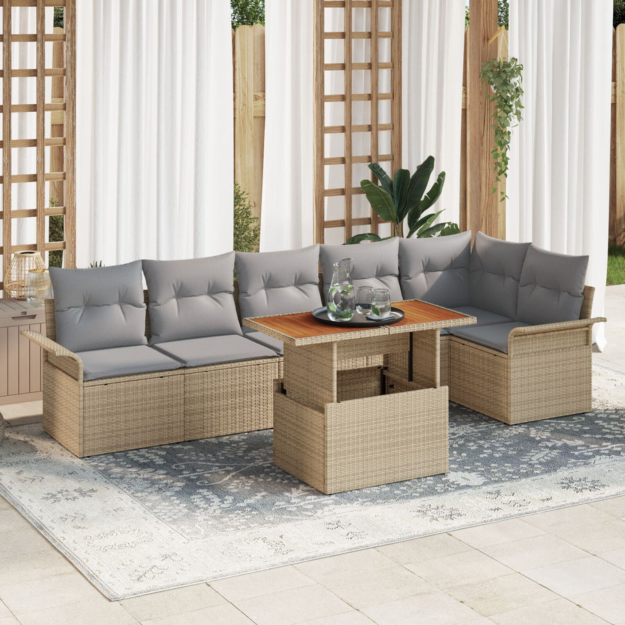 7 Delige Tuin Eetset Met Kussens Beige Poly Rattan Acacia